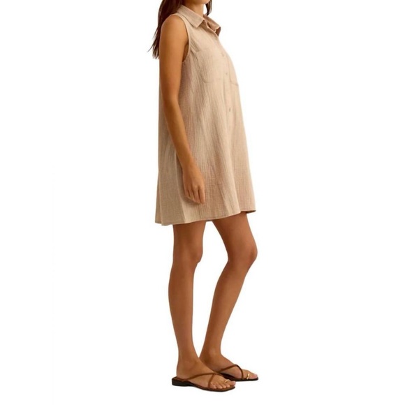 Z Supply New Light Mini Dress Putty Sz M 100% Cotton Gauze Sleeveless Button Up - Picture 3 of 10
